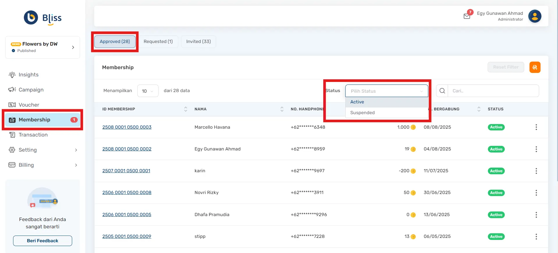 Mengelola membership Bliss